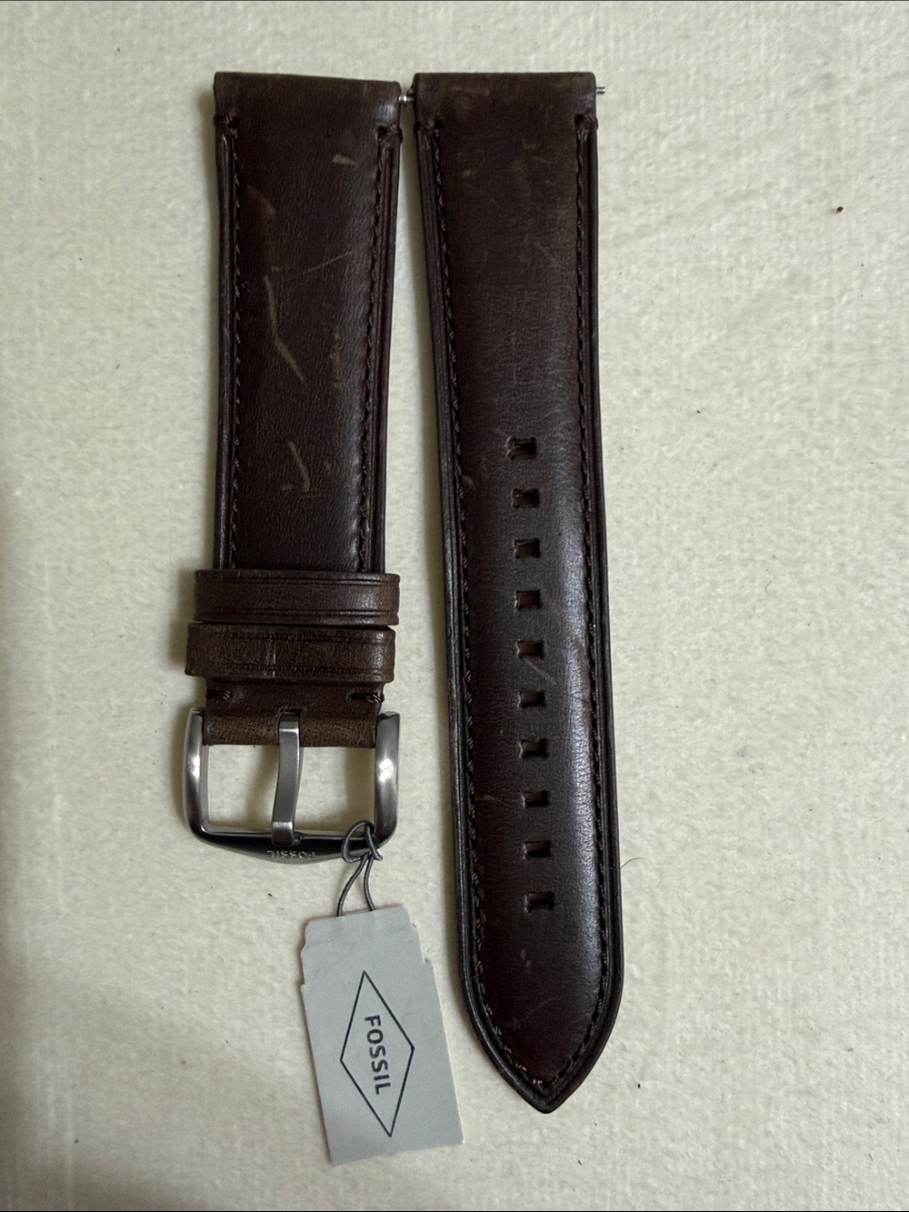 22mm Fossil Brown Leather Watch Strap with Silver Buckle